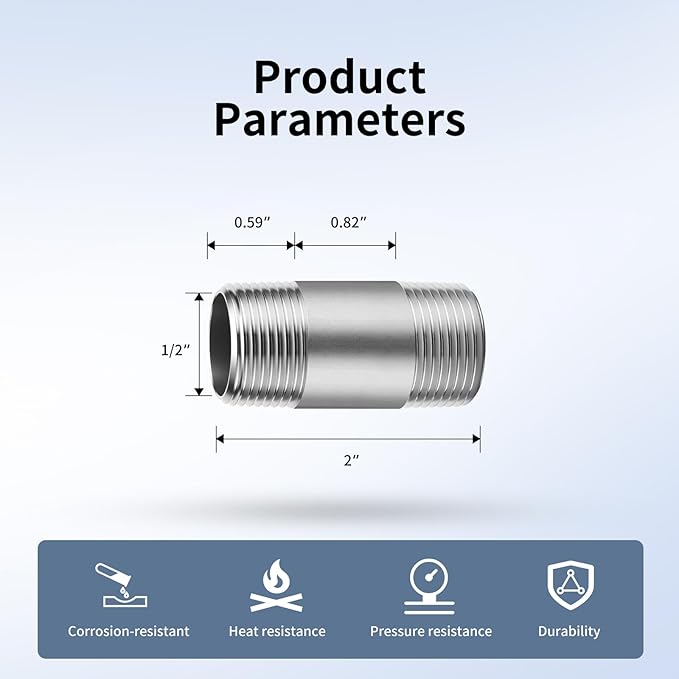 1/2"x2" 304 Stainless Steel Pipe, 1/2" NPTx 1/2" NPT Male Threaded Nipple, SCH40 Heavy Duty Pre-Cut Steel Pipe for Plumbing Gas, Hydraulic, and Industrial Applications(2", 2 Piece)