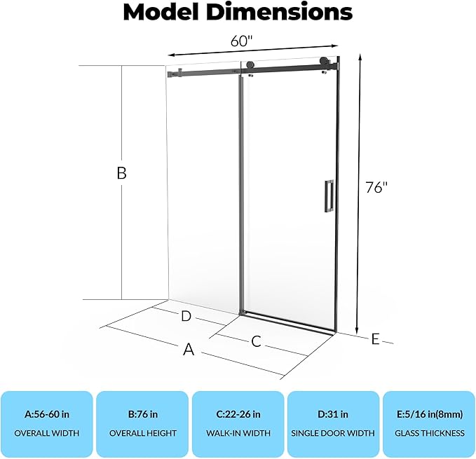Frameless Sliding Shower Door Enclosure - 56 to 60 Inch Adjustable Width x 76Inch Height, 8mm Coated Tempered Safety Glass with Easy Clean, Square Stainless Steel Rail, Matte Black for Modern Bathroom