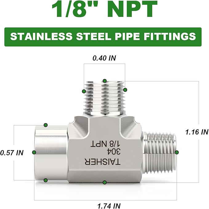 TAISHER 1PCS Forging of 304 Stainless Steel Tee Pipe Fittings, 1/8" NPT Female x 1/8" NPT Male x 1/8" NPT Male Pipe Fittings, Female Run Tee