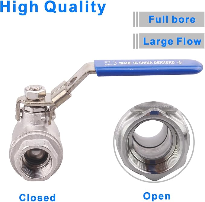 DERNORD 2 Pack Stainless Steel 304 Ball Valve, Full Port Heavy Duty for WOG with Locking Device (1/2" NPT)
