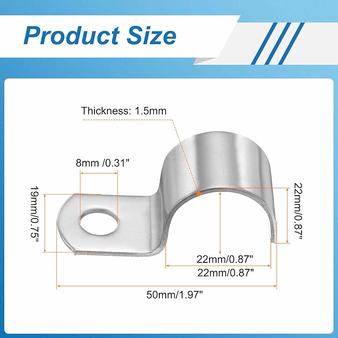 HARFINGTON 7/8 Inch Pipe Strap, 304 Stainless Steel Conduit Clip 10Pcs Single Hole Strap Clamp for Pipe Tube Cable Fixing (22mm, Silver)
