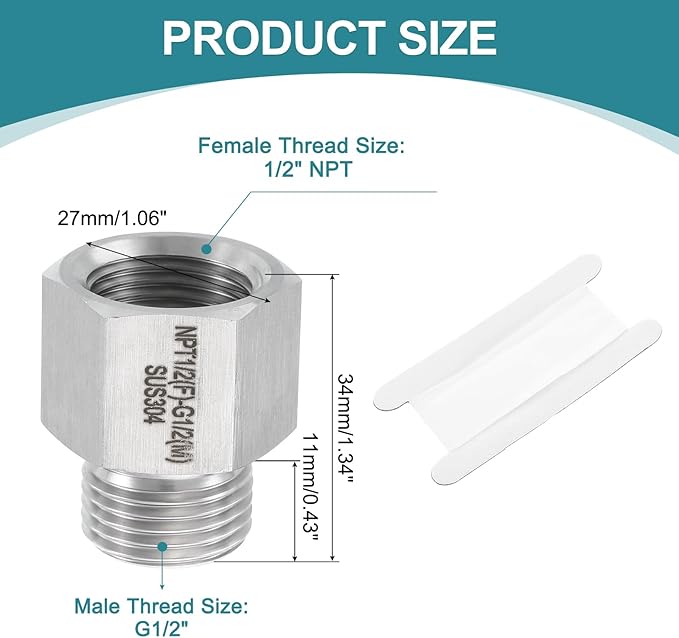 uxcell Pipe Fitting Reducing Adapter, G1/2" Male x 1/2" NPT Female 304 Stainless Steel Reducer Connector for Water Oil Air Pressure Gauge, Silver