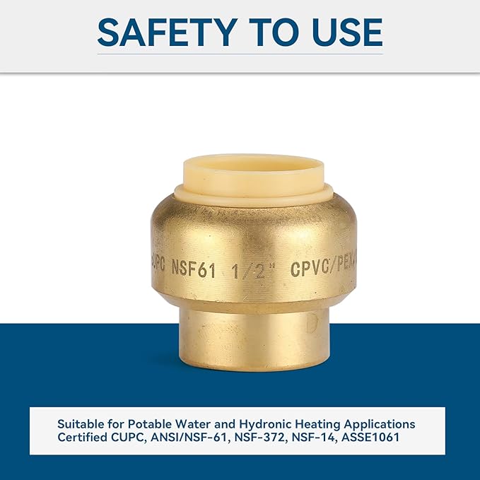 3/4 Inch Push End Cap,6 Pack PEX Brass Push-fit End Cap Plug with 1 Pack Discount Clip, Push-to-Connect Plumbing Fittings for Copper, PEX Pipe, CPVC