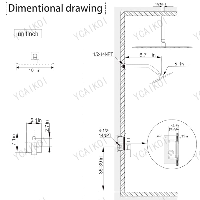 Shower Faucet Set Brushed Nickel Shower System, Ceiling Mount 10 Inch Shower Head with 6 Inch Wall Mount Shower Head, Knob Switch Diverter Shower Faucet, Rough-in Valve Body and Trim Included