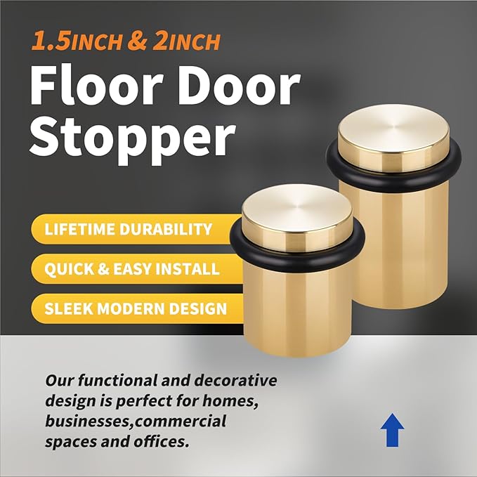 Floor Door Stopper Door Stop-Classy Solid Steel Modern Heavy Duty Door Stoppers -Floor Mount Anchor Screw-Wall Protector for Commercial Door(Golden, 1.5 Inch)