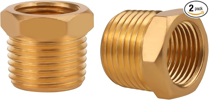 Brass Reducer Hex Bushing, NPT 1/2 Male to NPT 3/8 Female Thread Reducing Adapter for Water Line Gas Oil Air Hose Fuel Pipe Fitting 2PCS