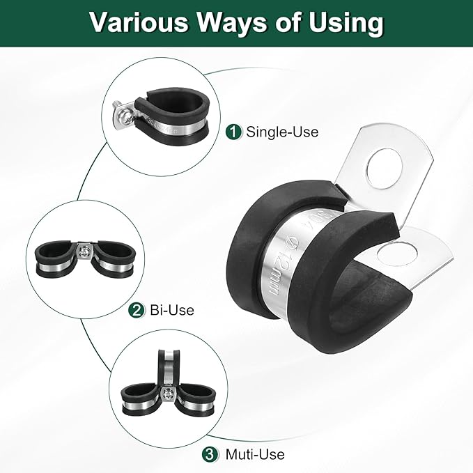 Uxcell 1/2" (12mm) Stainless Steel Rubber Cushioned Pipe Clamp, 15Pcs