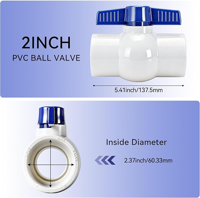 6 Pack 2'' PVC Ball Valve Slip, Water Pipe Full Flow Port Socket Shut Off Valves 2 inch, Blue T Handle SCH40 Plastic Control Valve for Pool, Sewage Pump, Outdoor Plumbing & Irrigation System
