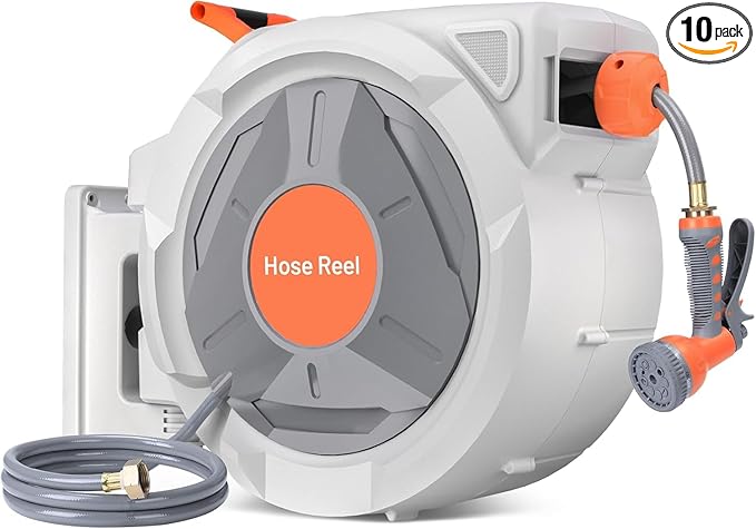 Retractable Garden Hose Reel, EliteEdge 1/2 In x 130 Ft With 9 Function Sprayer Nozzle, Any Length Lock, Automatic Rewind and Slow Return System, Wall Mounted and 180 Deg Swivel Bracket