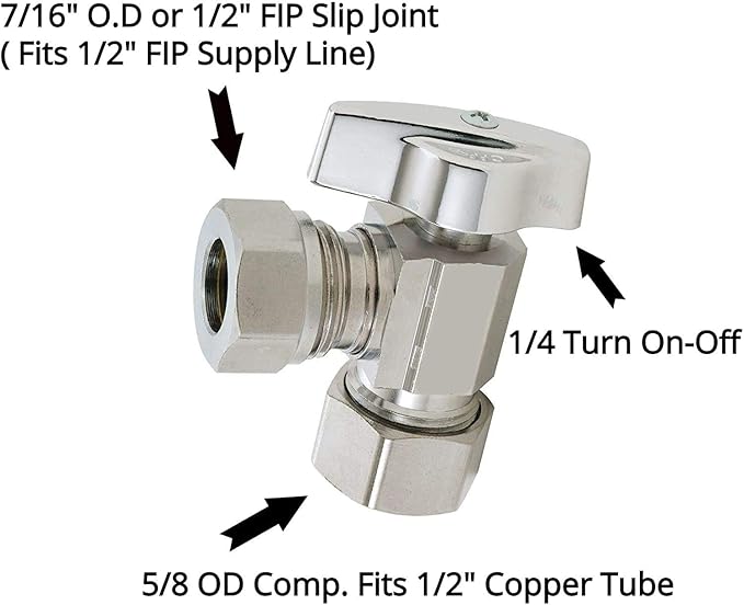 EZ-Fluid 1/2-in Nominal Comp (5/8" OD Comp) x 7/16"O.D or 1/2" FIP (Slip Joint) 1/4-Turn Chrome Brass Angle Stop Valve Water Shut Off Ball Valve LF,Square Body(1 Pack)
