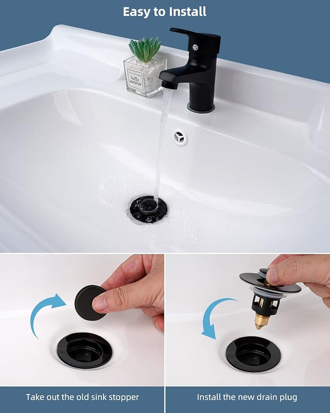 Hibbent All Metal Universal Bathroom Sink Stopper for 1.1''~2.3'' Basin, Pop Up Sink Drain Strainer, Brass Bullet Core Push Type Stopper, Stainless Steel Anti Clogging Drain Filter, Matte Black