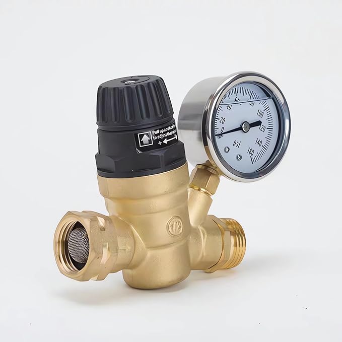 RV water pressure regulator, pressure reducing valve, lead-free brass material, garden irrigation, RV water supply, camper, trailer