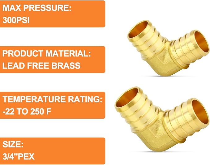GASHER 10Pcs No Lead Brass 3/4" Pex Elbow Fittings, 3/4 Inch Pex Fittings for Pex Tubing
