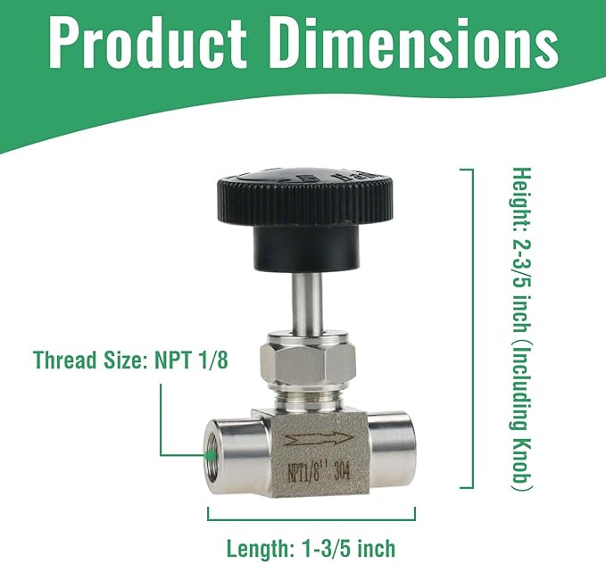 Angry Pony Stainless Steel 304 NPT FNPT 1/8 female Straight Needle Valve, High Pressure Hydraulic Flow Control Valve for Water Oil Gas Systems, 900 PSI
