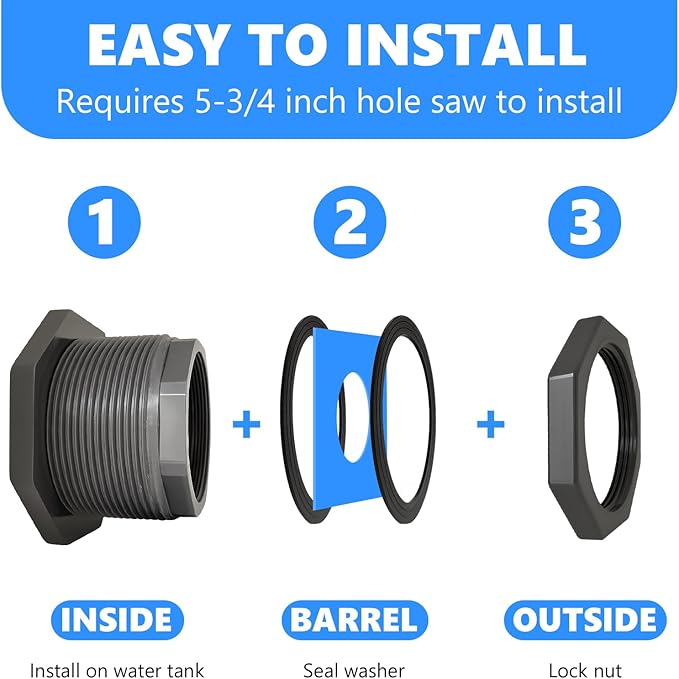 Bulkhead Fitting 4 Inch PVC - Heavy-Duty Plumbing Kit for Water Tank, Aquariums, Rain Barrels & Pools with Reinforced Seals
