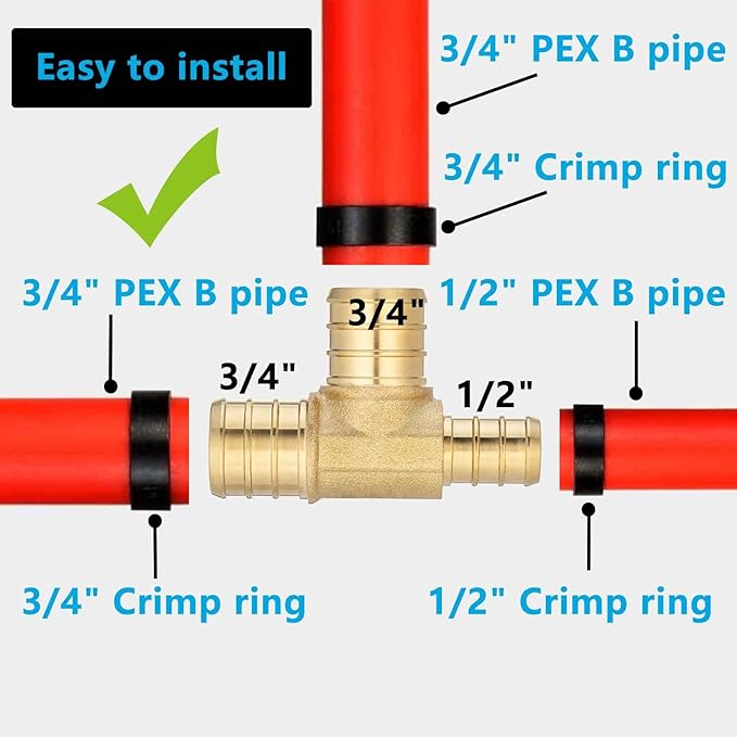 (10 Pack) Lidertik Pex Fittings Reducing Tee Brass Crimp Pipe, 1/2" * 3/4" * 3/4" PEX-B Brass LI-APXT123434(10 Pieces)
