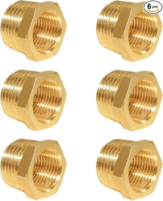 Hooshing 6PCS Brass Reducer Hex Bushing 1/2" NPT Male to 3/8" NPT Female Thread Pipe Fitting Atapter