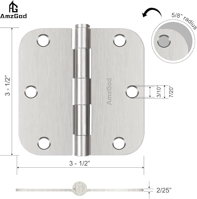 Door Hinges Brushed Nickel - 48 Pack Nickel Door Hinges 3.5 Inch Rounded Interior Satin Nickel Door Hinge with 5/8" Radius - Flat Iron Residential Standard 3 1/2 Inches Silver Door Hardware