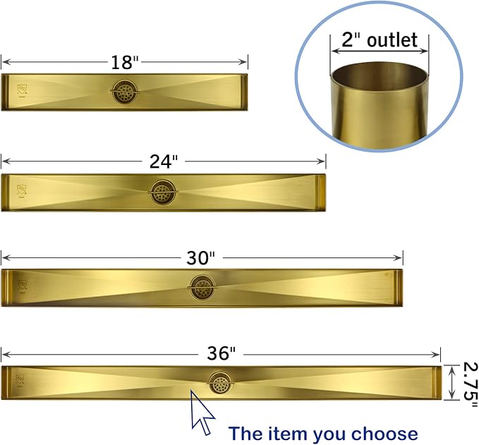 Linear Shower Drain 36", Brushed Gold Floor Drain with Tiled Insert Grate & Hair Strainer, 304 Stainless Steel Bathroom 2-in-1 Tiled in Drain, CUPC Certified (Brushed Gold, 36'')