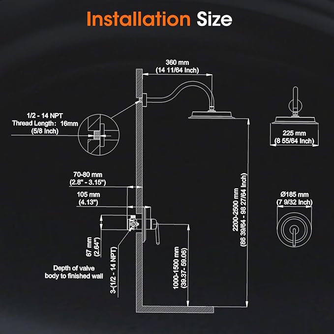 Matte Black Shower System, Shower Faucet Set with Pressure Balance Valve, 9 inch Single-Function Rain Shower Head, Bathroom Shower Valve Trim Kit, High Pressure Shower Fixtures (WT-9817BK)
