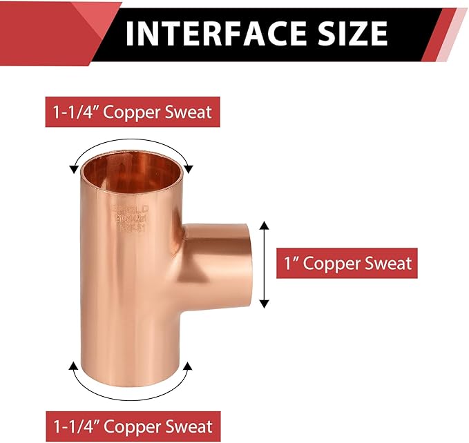 EFIELD 1-1/4" X 1-1/4" X 1" C X C X C Copper Reducing Tee, LF Copper Plumbing Fittings with Sweat Solder Connection,(COPPER110)