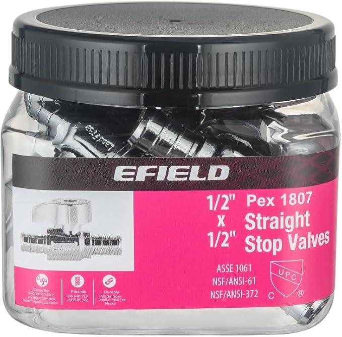 Pro 10-Pack EFIELD 1/4 Turn Straight Stop Valve, Pex Crimp 1/2" X 1/2" Pex, Chrome Plated LF Brass, ASTM F1807, Heavy Duty,(VALVE382)