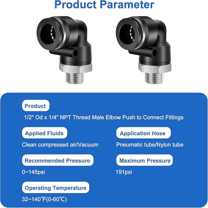 10 Pcs Push to Connect Fittings 1/2 Inch Tube OD x 1/4 Inch NPT Thread Pneumatic Male Elbow Quick Connect Air line fittings