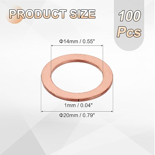 uxcell 100Pcs M14 Flat Washer Copper Washer Sealing Rings, 14mm ID 20mm OD 1mm Thickness Copper Crush Washers Metric Sealing Gasket for Plumbing Machinery Automotive