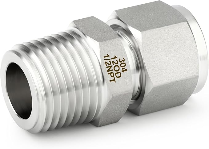 TAISHER 5PCS 304 Stainless Steel Compression Tube Pipe Fitting Connector, 12MM Tube OD x 1/2" NPT Male Straight Adapter