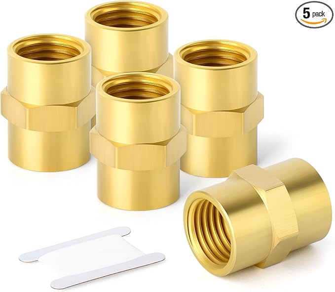 GASHER 5PCS Brass Pipe Fitting, Brass Coupling, 1-Inch Female Pipe x 1-Inch Female Pipe