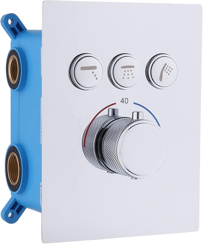 Modern Push-Button 3 Way Thermostatic Shower Diverter Valve Concealed Brass Faucet Rough-In Mixer Valve Kit in Chrome, Can Use Together