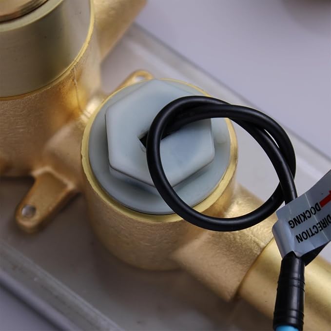 2 Way Shower Diverter Valve Brass 2 Functions Digital Temperature Display Thermostatic Shower Mixing Kit 3 Handle Flow Cotrol Valve, Can Run Simultaneously (Brushed Gold)