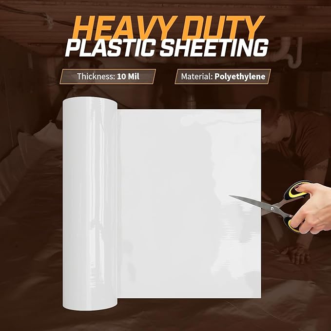 Crawl Space Vapor Barrier, 12 mil 10'x50', White Heavy Duty Plastic Sheeting - Thick Polyethylene Film, 12mil Crawlspace liner, Drop Cloth Vapor Barrier Covering for Crawlspace and Basement