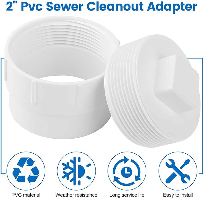 2" PVC Sewer Cleanout Adapter with Plug Pipe Fitting, PVC DWV Flush Sewer Cleanout Cap for Outdoor Garden, RVs Sewer or Drainage Piping Connect System