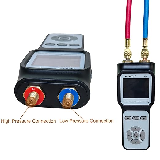 Professional A/C System Diagnostic Tester – HVAC Gauge Dual Pressure & Temperature Analyzer with Refrigerant Database, Vacuum and Leak Test for Automotive and Home AC Repair, Color Display
