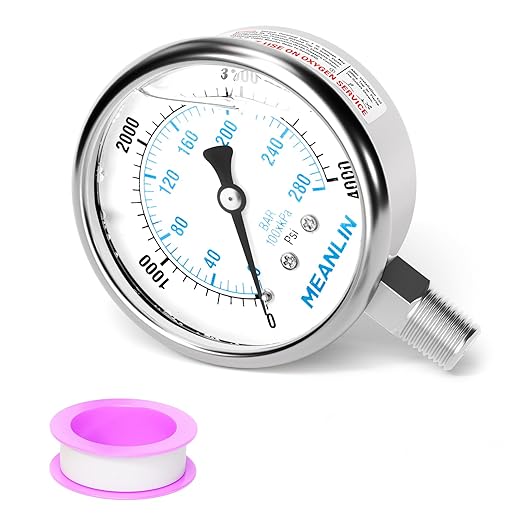MEANLIN MEASURE 0~4000Psi Liquid Filled Pressure Gauge Stainless Steel with 316 Stainless Steel Joint 1/4" NPT 2.5" FACE DIAL for WOG Water Oil Air Lower Mount