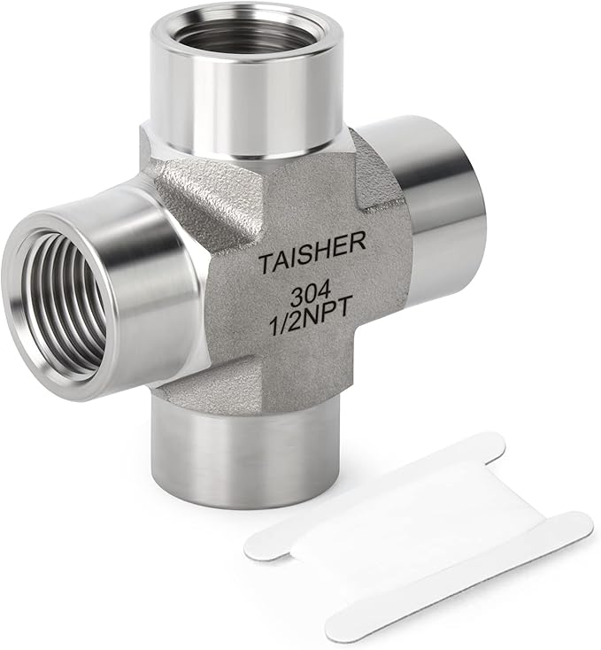 TAISHER 1PCS Forging of 304 Stainless Steel 4 Way Pipe Fittings, 1/2" x 1/2" x 1/2" x 1/2" NPT Female Pipe Fittings
