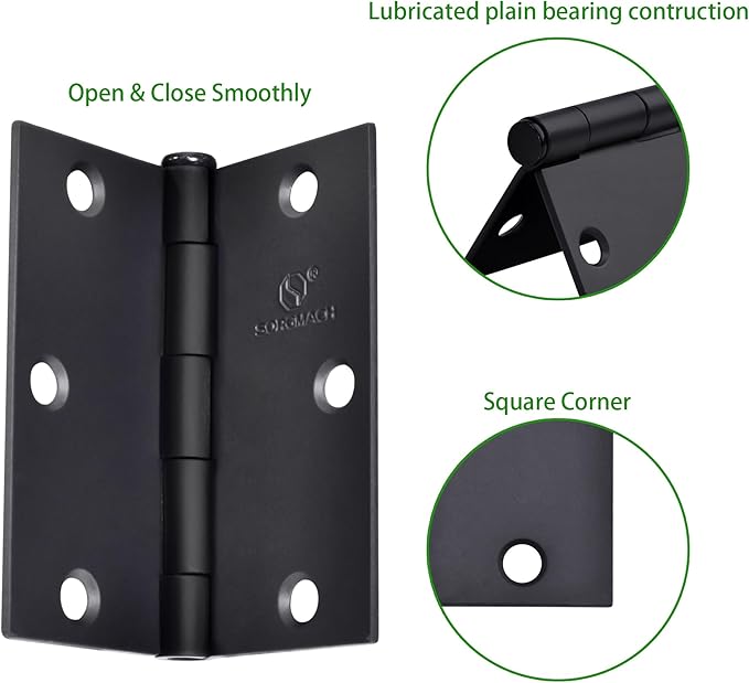 Door Hinge 3 1/2 Inch Interior Door Hinges Matte Black 3.5 Inch Interior Hinges Flat Iron Hinge 3 ½"x 3 ½" Door Hardware Square Corner -18 Pieces