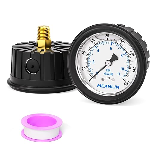 MEANLIN MEASURE 0~160Psi Stainless Steel Liquid Filled Pressure Gauge 1/4" NPT 2.5" FACE DIAL with Rubber Protective Sleeve, Center Back Mount