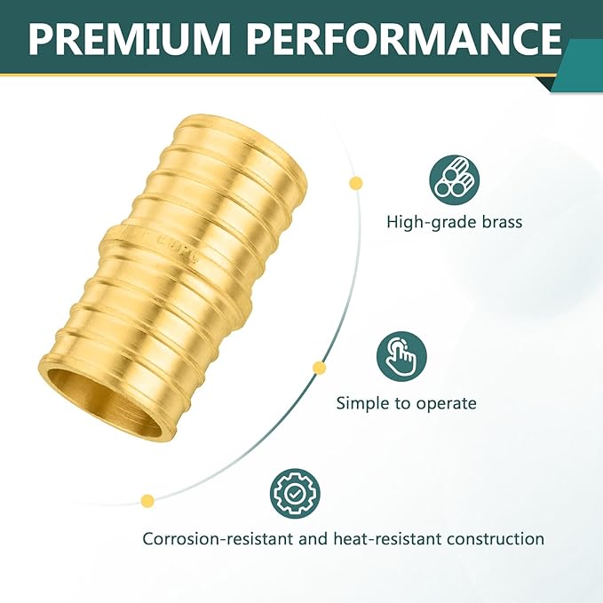 50-Pack PEX Fittings Niikappu 1"x1" Pex Straight Coupling, Brass Crimp Pipe Fittings for PEX Pipes, ASTM F1807