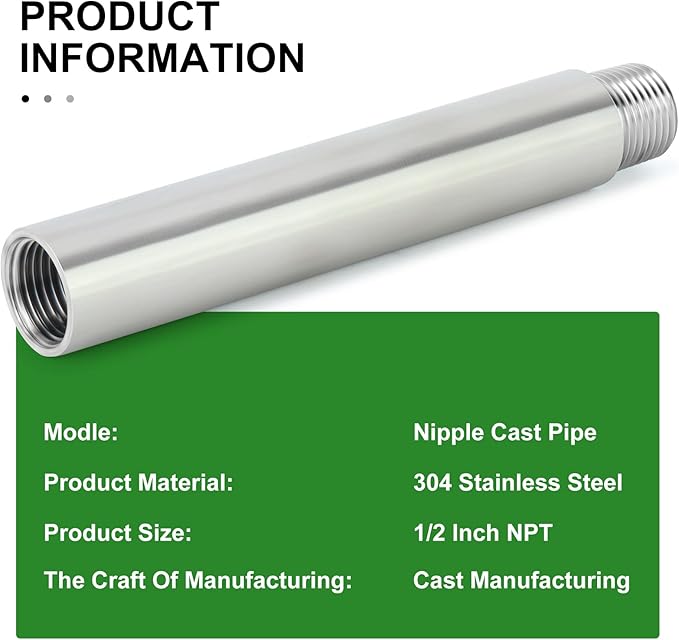 TAISHER 2PCS Stainless Steel Pipe Fittings, 1/2" NPT Male x 1/2" NPT Female Threaded, 6" Length Nipple Cast Pipe