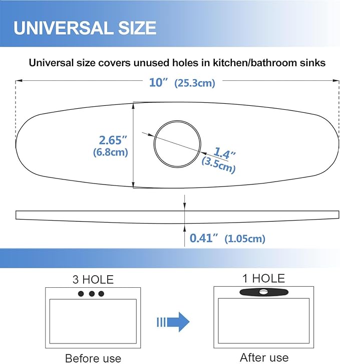 Brushed Nickel 10 inch Sink Faucet Hole Cover Deck Plate, 304 Stainless Steel Escutcheon for 1 or 3 Hole Kitchen, Bathroom or Vanity Sink, Fits Pull-Down, Pull-Out and Mixer Taps