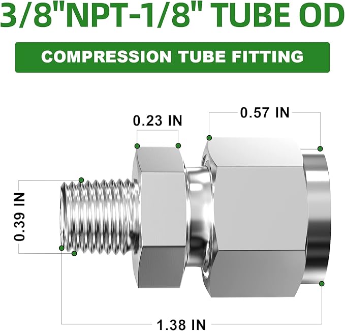 TAISHER 5PCS 304 Stainless Steel Compression Tube Pipe Fitting Connector, 3/8" Tube OD x 1/8" NPT Male Straight Adapter