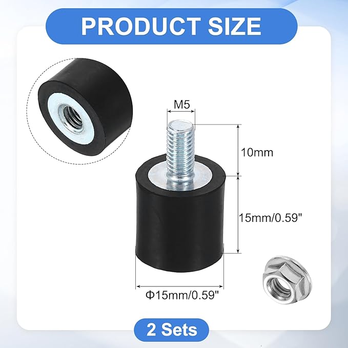 uxcell M5 Rubber Mounts, 2Pcs 15x15mm(DxH) Rubber Cylindrical Anti Vibration Isolator Shock Absorber with Lock Nut for Car Bobbin Generator Air Compressors