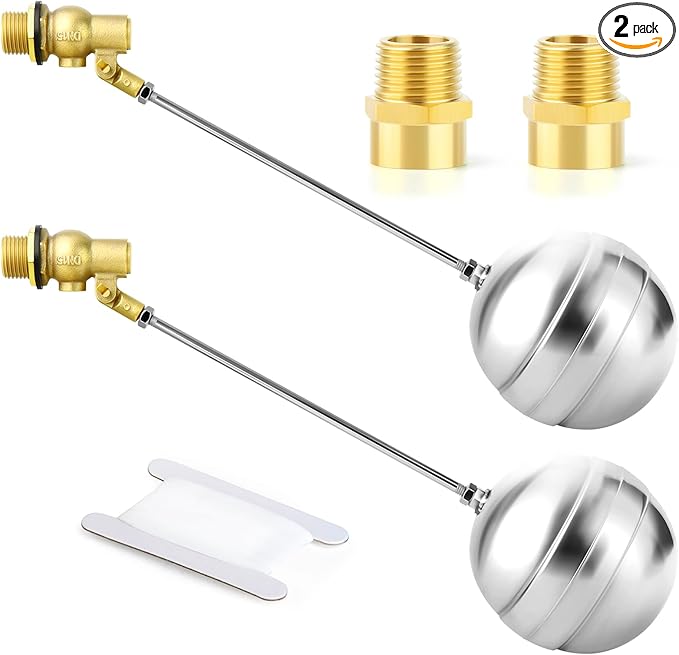 GASHER 2PCS 1/2" 304 Stainless Steel Float Ball Valve with 1/2"G Female x 1/2"NPT Male Adapter, DN15 Adjustable Water Tank Float Ball Valve for Stock Tank Pool Water Level Control