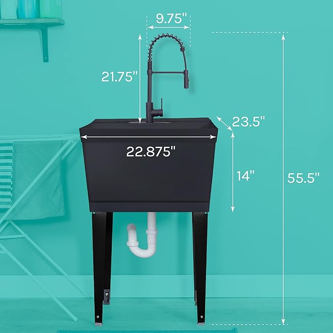 Utility Sink Extra-Deep Laundry Tub in Black with High-Arc Coil Pull-Down Sprayer Faucet in Matte Black, Integrated Supply Lines, P-Trap Kit, Heavy Duty Floor Mounted Freestanding Wash Station
