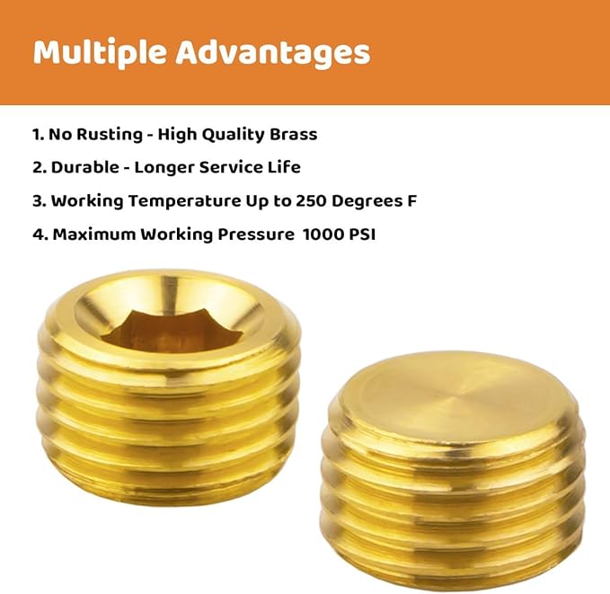 (6-Piece) Besosay 1/8" NPT Brass Pipe Plug Fitting, Counter Sunk Thread Internal Hex Head Style Male for Closing the End of Pipe