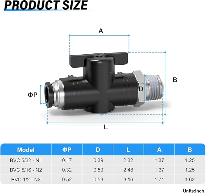 TAILONZ PNEUMATIC 5/32 Inch Tube OD x 1/8 Inch NPT Thread Ball Valve Air Flow Control Valve Push to Connect Fitting BVC-5/32-N1（Pack of 3）