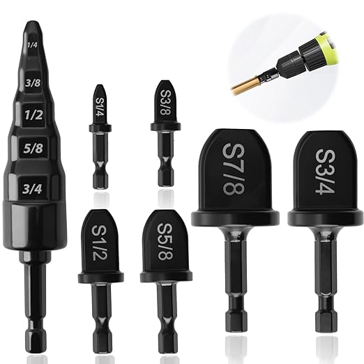 7 Sets HVAC Copper Tube Flaring Tool Drill Bit Set, Swaging Tube Repair 5 in 1 Air Conditioner Copper Pipe Expander Flaring Swaging Drill Set with 1/4'', 3/8'', 1/2'', 5/8'', 3/4'', 7/8' Bits, Black