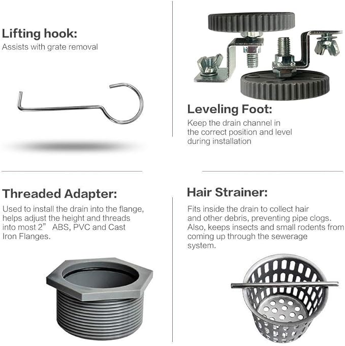 Neodrain 28-Inch Linear Shower Drain with Removable Quadrato Pattern Grate, Brushed 304 Stainless Steel Rectangle Shower Floor Drain,Linear Drain with Leveling Feet,Hair Strainer